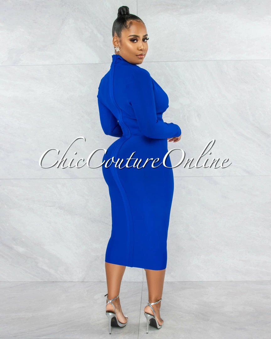 Vendor-unknown Athina Royal Blue Draped Details Bandage Midi Dress JUST IN