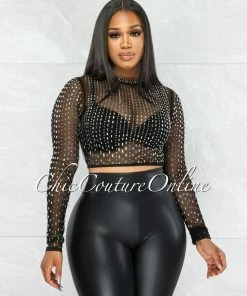 Vendor-unknown Cascada Black Rhinestones Mesh Crop Top JUST IN