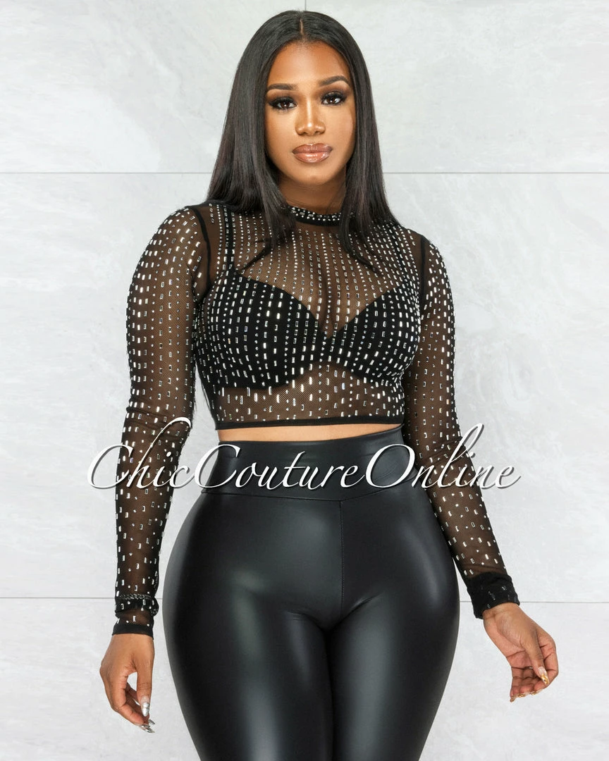 Vendor-unknown Cascada Black Rhinestones Mesh Crop Top JUST IN