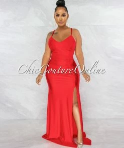 Vendor-unknown Grecia Red Low Back Drape Side Slit Maxi Dress