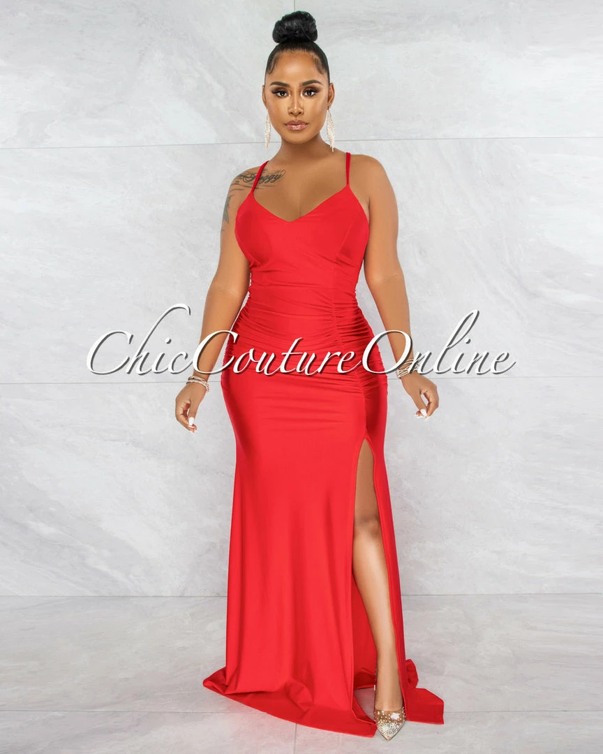 Vendor-unknown Grecia Red Low Back Drape Side Slit Maxi Dress