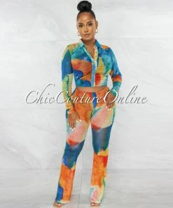 Chic Couture Online Maisha Orange Turquoise Tie-Dye Mesh Top & Pants Set