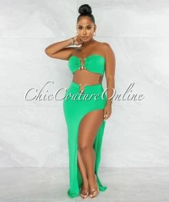 Chic Couture Online JUST IN Alyza Kelly Green Gold Accent Top & Maxi Slit Skirt Set