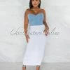 Chic Couture Online Andrea Light Denim Top White Hem Ruched Dress JUST IN