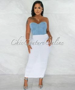 Chic Couture Online Andrea Light Denim Top White Hem Ruched Dress JUST IN