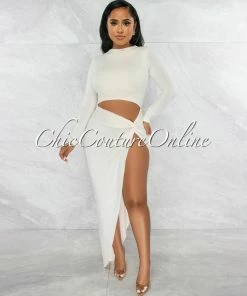 Vendor-unknown JUST IN Tendera Cream Cut-Out Side Slit Maxi Dress