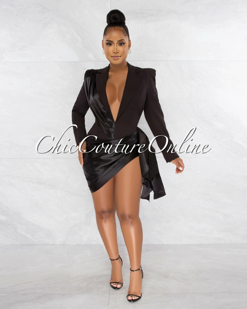 Chic Couture Online JUST IN Vilina Black Silky Draped Overlay Bodysuit Dress