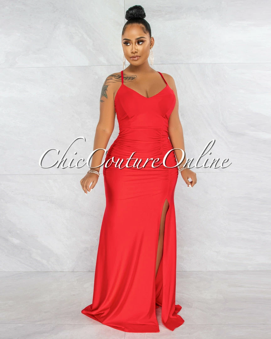 Vendor-unknown Grecia Red Low Back Drape Side Slit Maxi Dress