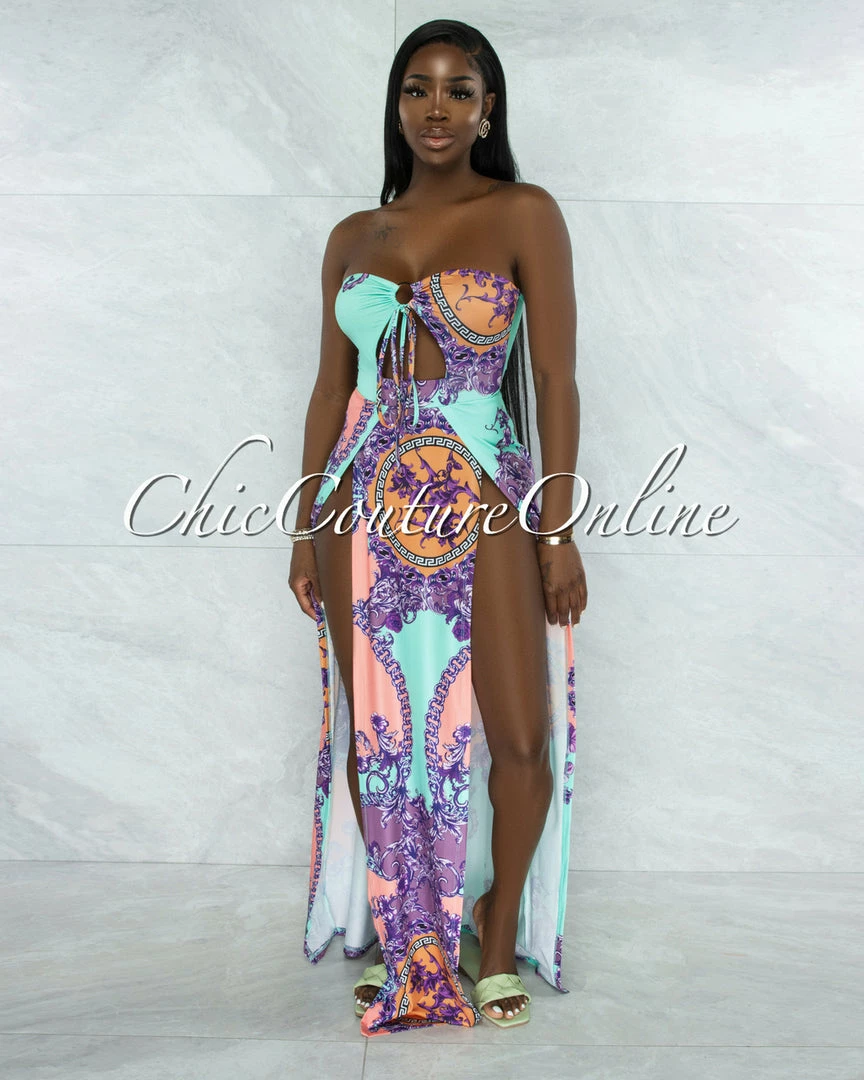 Vendor-unknown JUST IN Isidore Mint Purple O-Ring Double Slit Bodysuit Maxi Dress