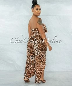Vendor-unknown JUST IN Zemalla Leopard Print Ruffle Strapless Slits Jumpsuit