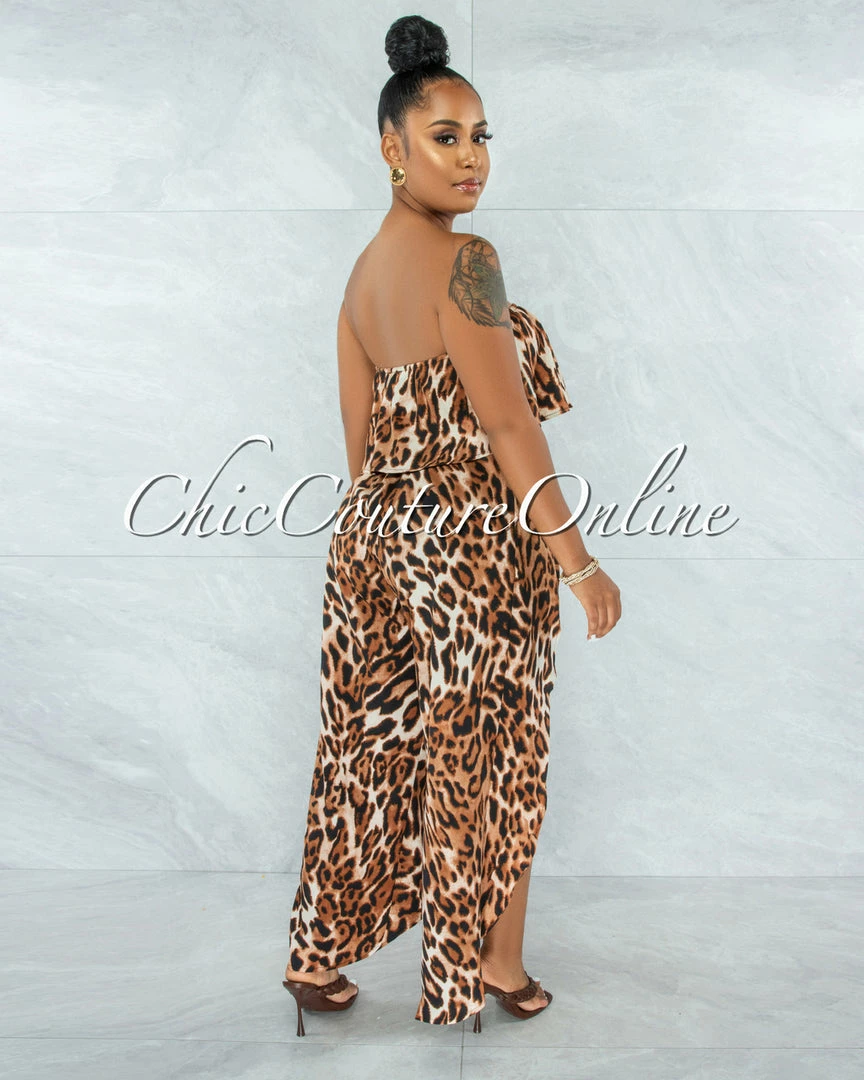 Vendor-unknown JUST IN Zemalla Leopard Print Ruffle Strapless Slits Jumpsuit