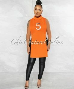 Vendor-unknown JUST IN Margate Orange #5 Turtle Neck Open Sides Long Top