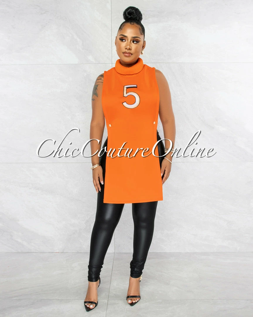 Vendor-unknown JUST IN Margate Orange #5 Turtle Neck Open Sides Long Top