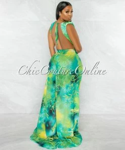 Chic Couture Online JUST IN Siren Green Palm Print Rhinestones Luxe Swimsuit & Cover-up
