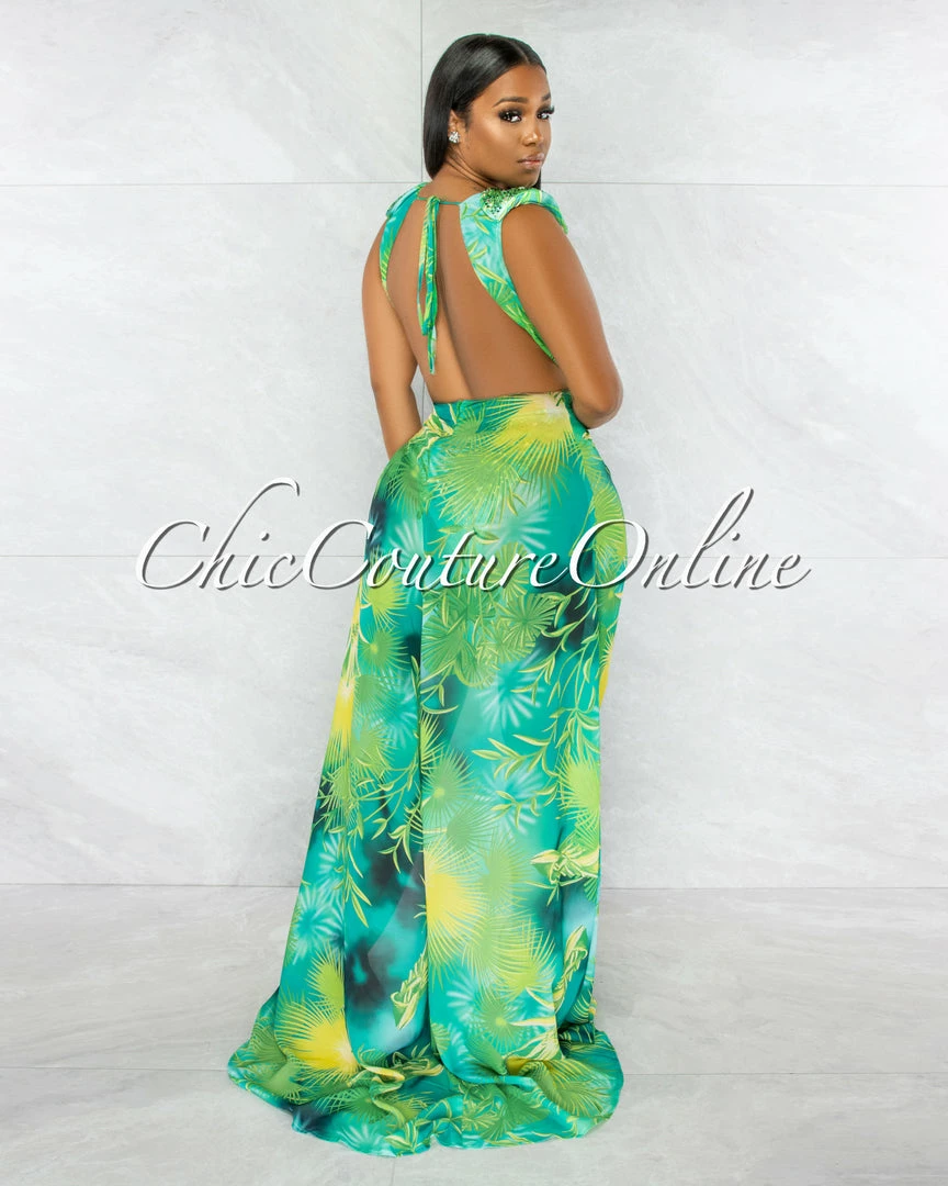 Chic Couture Online JUST IN Siren Green Palm Print Rhinestones Luxe Swimsuit & Cover-up
