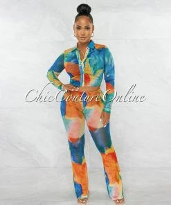 Chic Couture Online Maisha Orange Turquoise Tie-Dye Mesh Top & Pants Set
