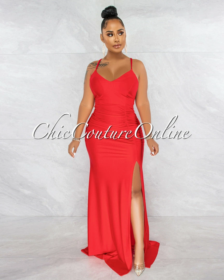 Vendor-unknown Grecia Red Low Back Drape Side Slit Maxi Dress