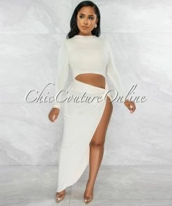 Vendor-unknown JUST IN Tendera Cream Cut-Out Side Slit Maxi Dress