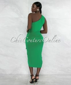 Vendor-unknown JUST IN Twyla Green Single Shoulder Front Slit Midi Dress