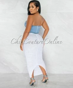 Chic Couture Online Andrea Light Denim Top White Hem Ruched Dress JUST IN