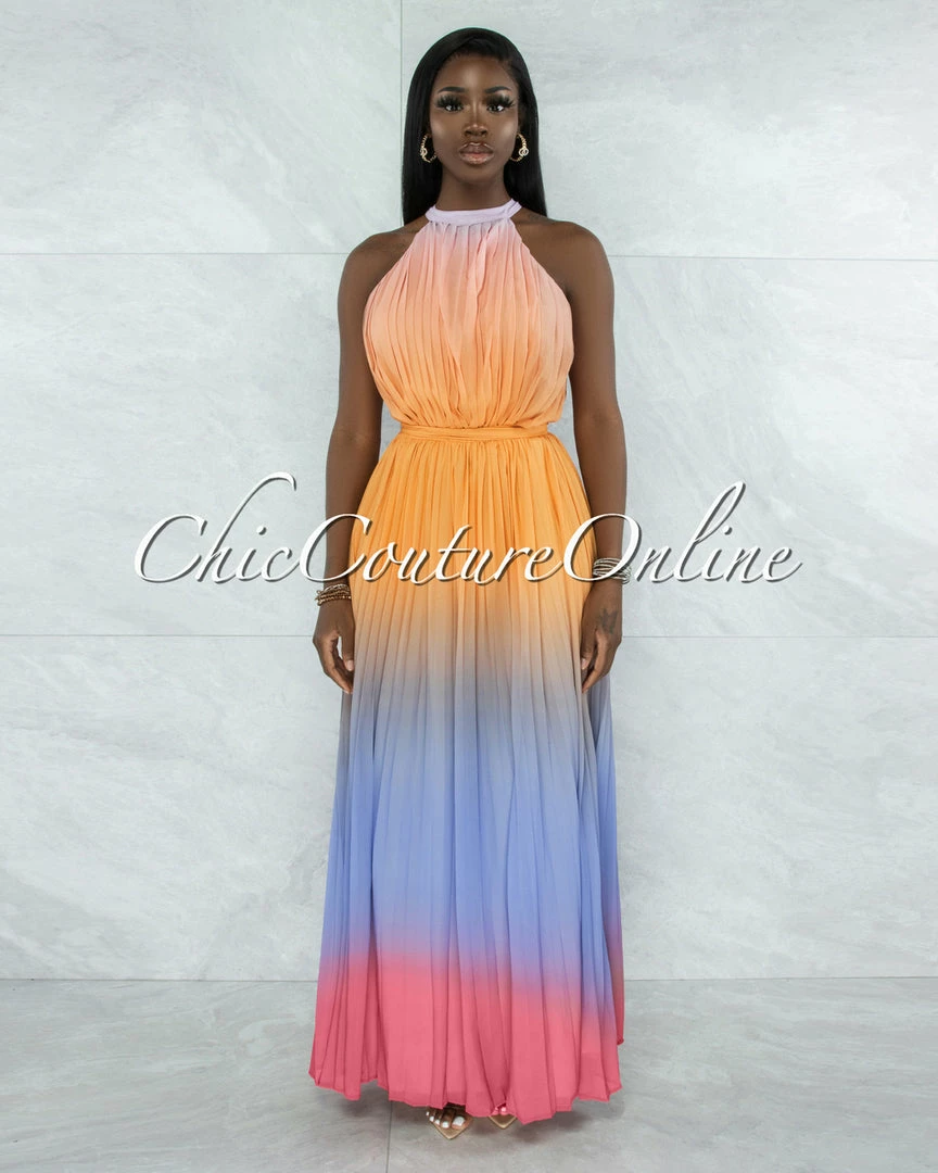 Vendor-unknown Janique Mustard Blue Ombre Halter Maxi Pleated Dress