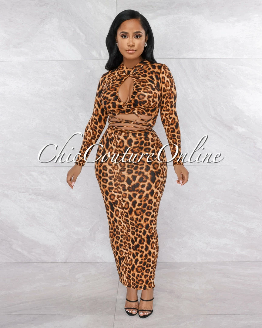 Vendor-unknown JUST IN Hewson Leopard Print Front Cut-Out Lace-Up Maxi Dress