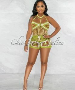 Vendor-unknown JUST IN Hansa Green Brown Crochet Cover-Up Shorts Set
