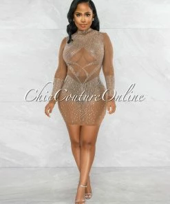 Vendor-unknown Bernuda Nude Silver Rhinestones Mesh Mini Dress JUST IN