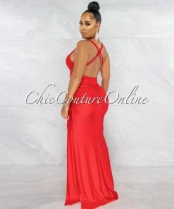 Vendor-unknown Grecia Red Low Back Drape Side Slit Maxi Dress