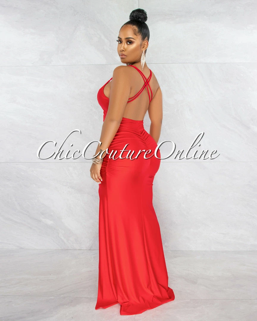 Vendor-unknown Grecia Red Low Back Drape Side Slit Maxi Dress