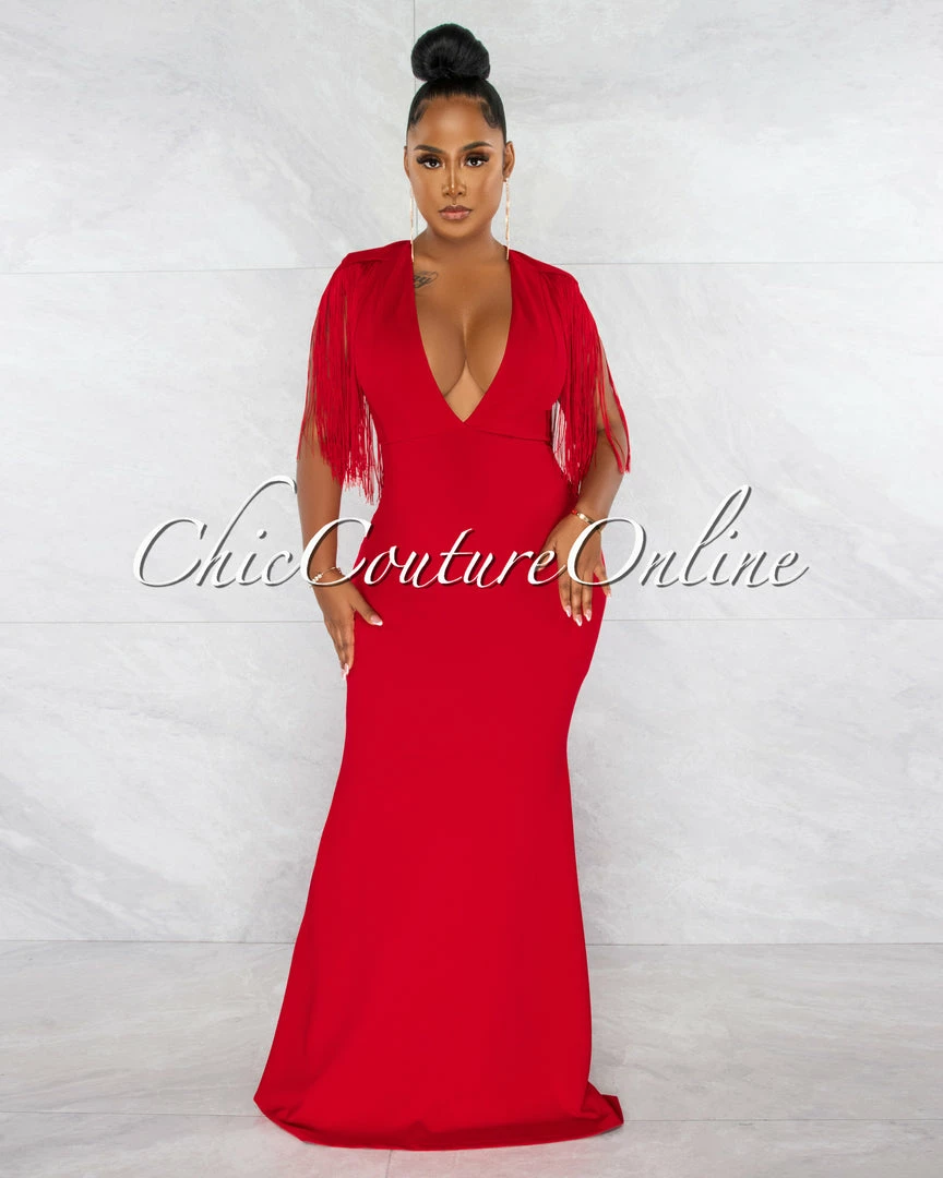 Chic Couture Online Orane Red Fringe Shoulders Semi-Mermaid Maxi Dress JUST IN