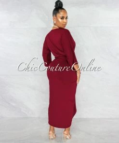 Vendor-unknown Closer Burgundy Red Drape Design Midi Dress JUST IN