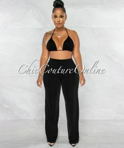 Chic Couture Online JUST IN Zayda Black Crop Top Cover-Up & Wide Pants 3 Piece Set