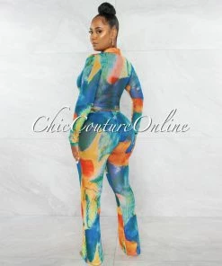 Chic Couture Online Maisha Orange Turquoise Tie-Dye Mesh Top & Pants Set