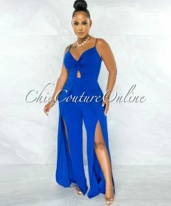 Chic Couture Online JUST IN Destiny Royal Blue Bust Key-Hole Knot Slit Legs Jumpsuit