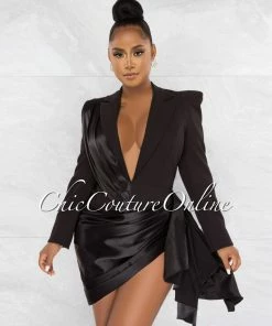 Chic Couture Online JUST IN Vilina Black Silky Draped Overlay Bodysuit Dress