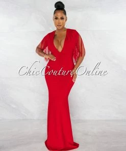 Chic Couture Online Orane Red Fringe Shoulders Semi-Mermaid Maxi Dress JUST IN