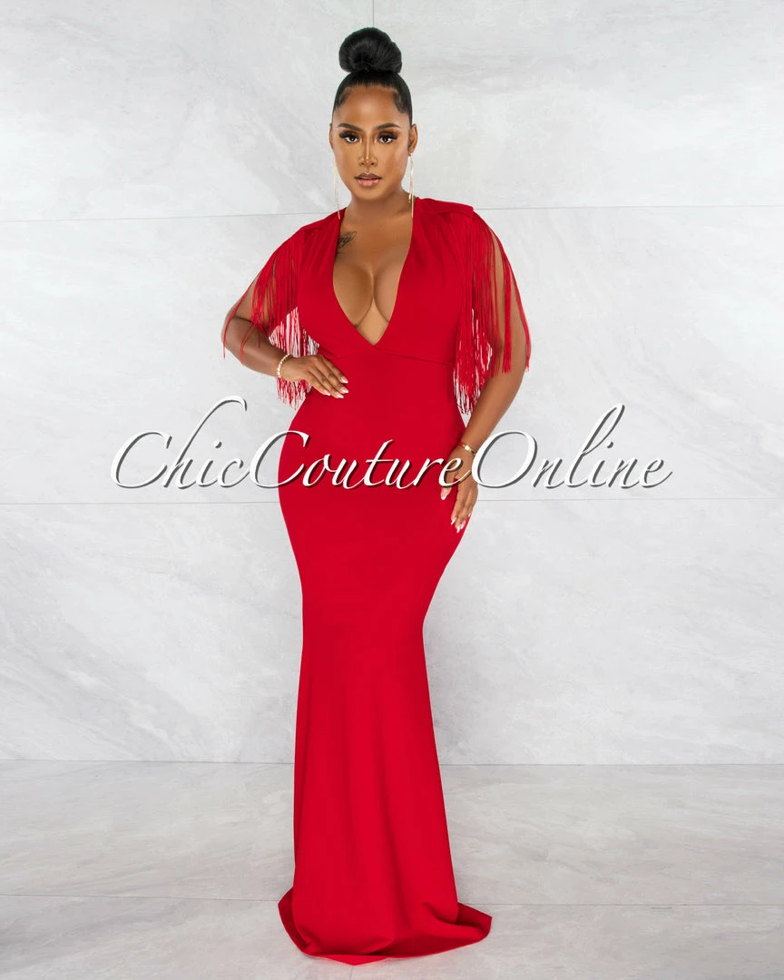 Chic Couture Online Orane Red Fringe Shoulders Semi-Mermaid Maxi Dress JUST IN