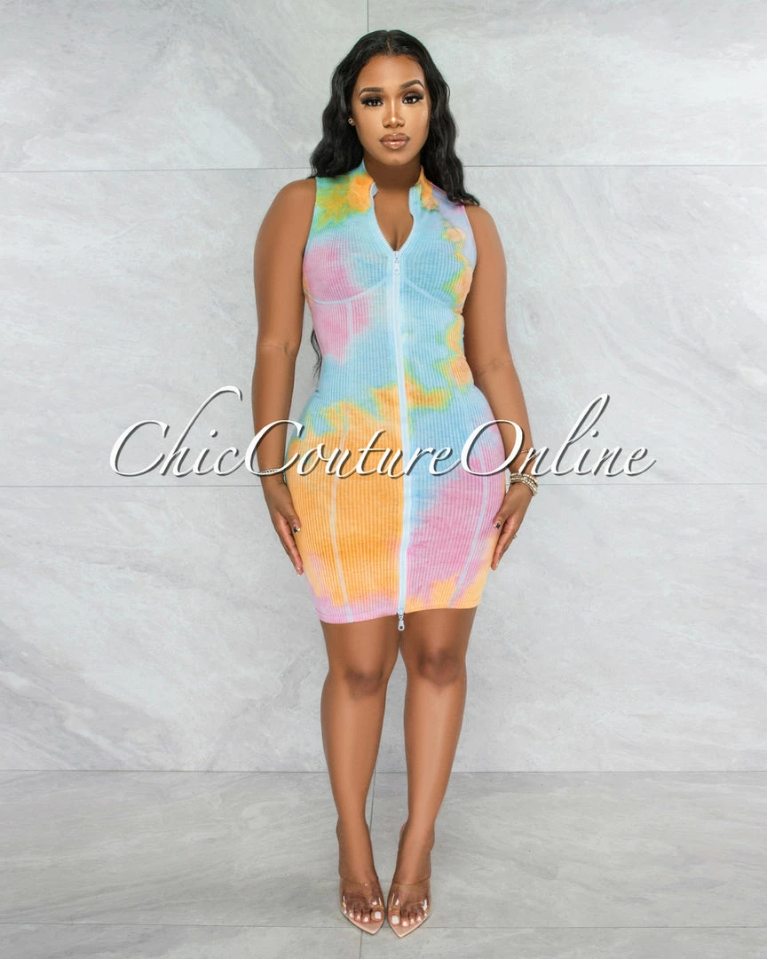 Vendor-unknown Grimes Baby Blue Pink Tie-Dye Zipper Ribbed Dress JUST IN