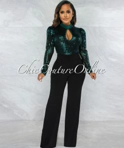 Vendor-unknown JUST IN Sentida Black Teal Sequins Key-Hole Bust Bodysuit
