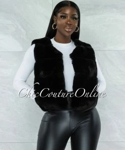 Vendor-unknown Ventana Black Faux Fur Short Vest CLOTHING