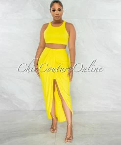 Chic Couture Online Klein Yellow Crop Racer Top & Draped Slit Maxi Skirt Set JUST IN