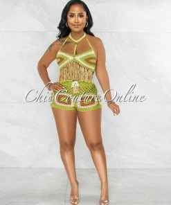 Vendor-unknown JUST IN Hansa Green Brown Crochet Cover-Up Shorts Set