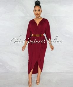 Vendor-unknown Closer Burgundy Red Drape Design Midi Dress JUST IN