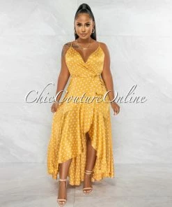 Chic Couture Online JUST IN Dalena Honey White Polka Dots Wrap Style Ruffle Dress