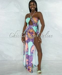 Vendor-unknown JUST IN Isidore Mint Purple O-Ring Double Slit Bodysuit Maxi Dress