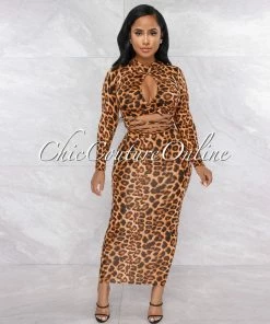Vendor-unknown JUST IN Hewson Leopard Print Front Cut-Out Lace-Up Maxi Dress