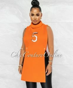 Vendor-unknown JUST IN Margate Orange #5 Turtle Neck Open Sides Long Top