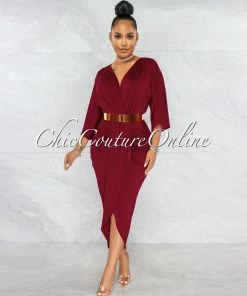 Vendor-unknown Closer Burgundy Red Drape Design Midi Dress JUST IN