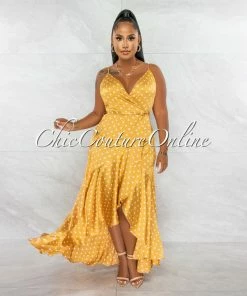 Chic Couture Online JUST IN Dalena Honey White Polka Dots Wrap Style Ruffle Dress